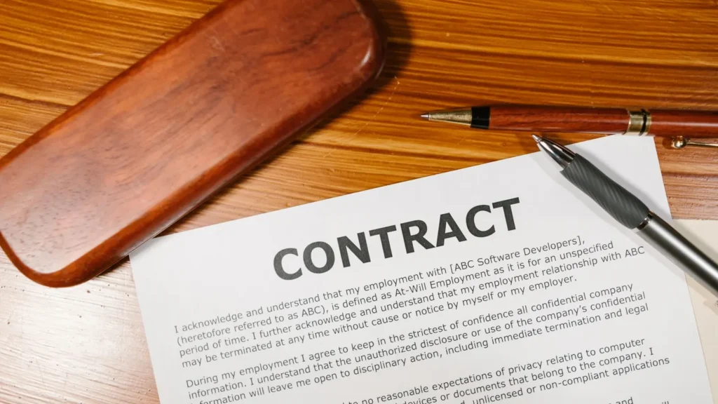 Contrato impreso con una pluma sobre una mesa de madera