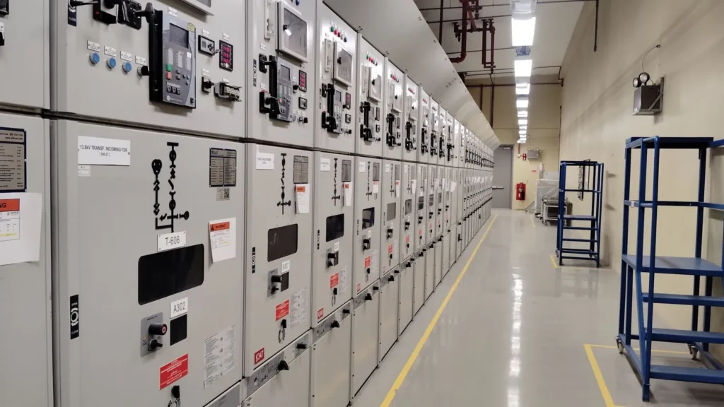 Pasillo de un cuarto de tableros eléctricos en una instalación industrial
