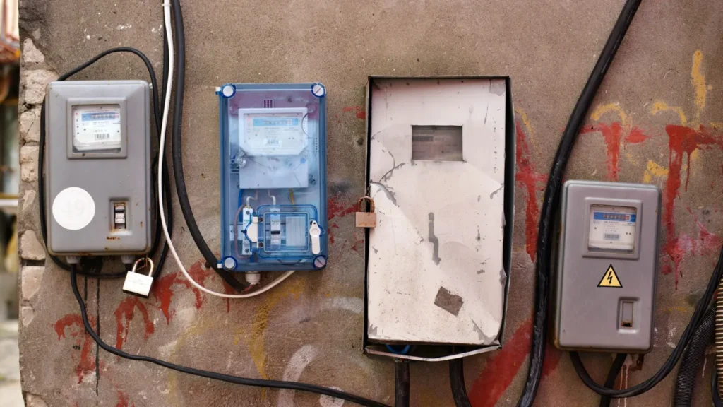 Fila de medidores eléctricos instalados en una pared