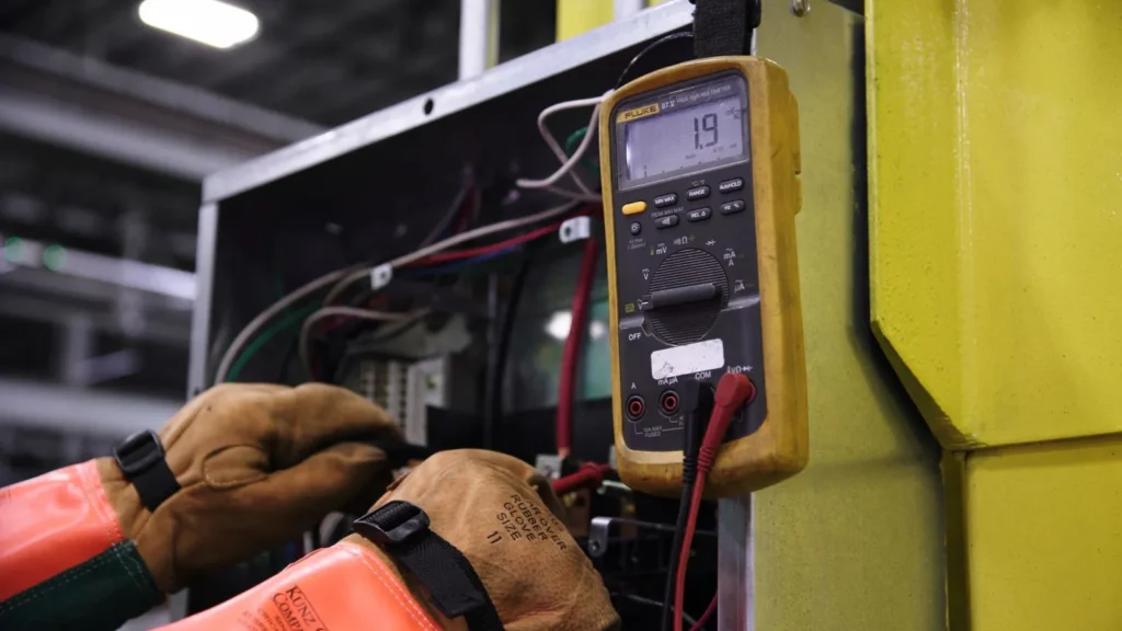 Electricista midiendo un tablero eléctrico con un multímetro