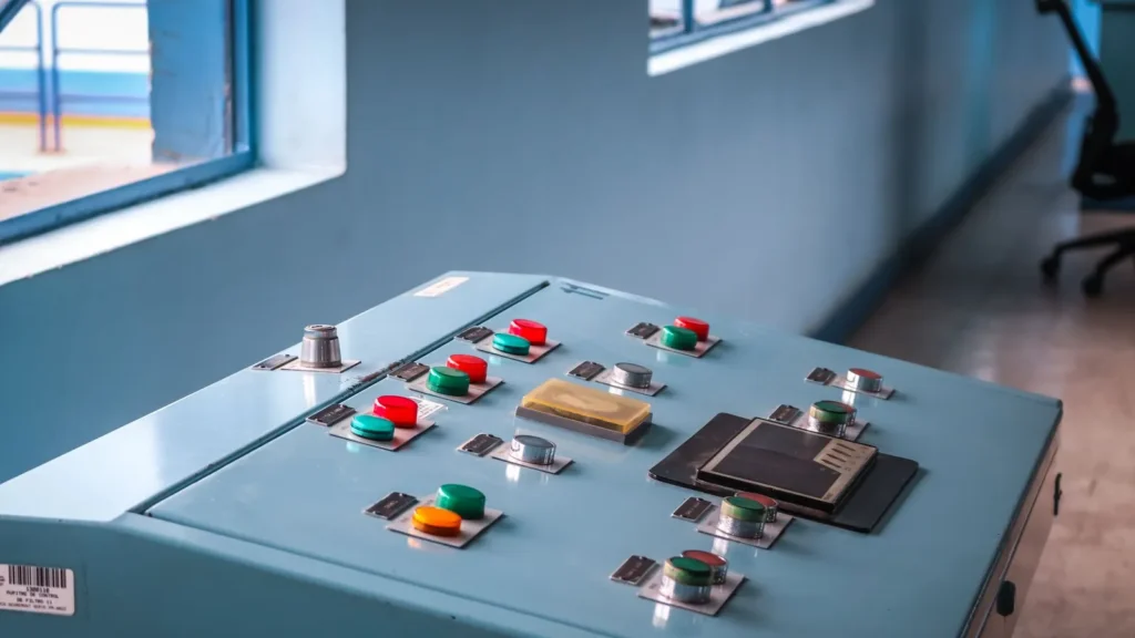 Consola de mando con botones e indicadores en la sala de control de una planta