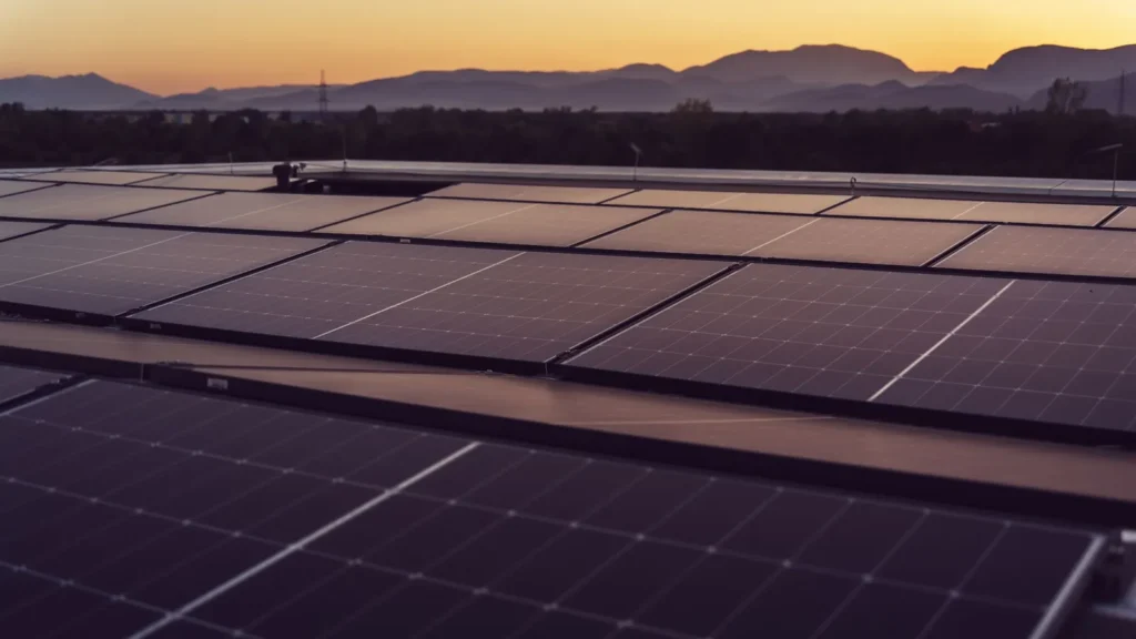 Arreglo de paneles solares al anochecer