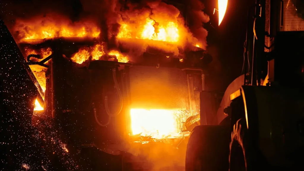 Horno industrial en operación con llamas y chispas